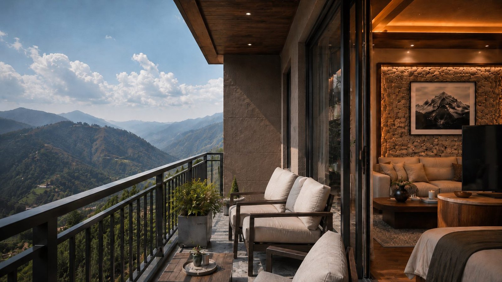 Balcony seating overlooking the valley