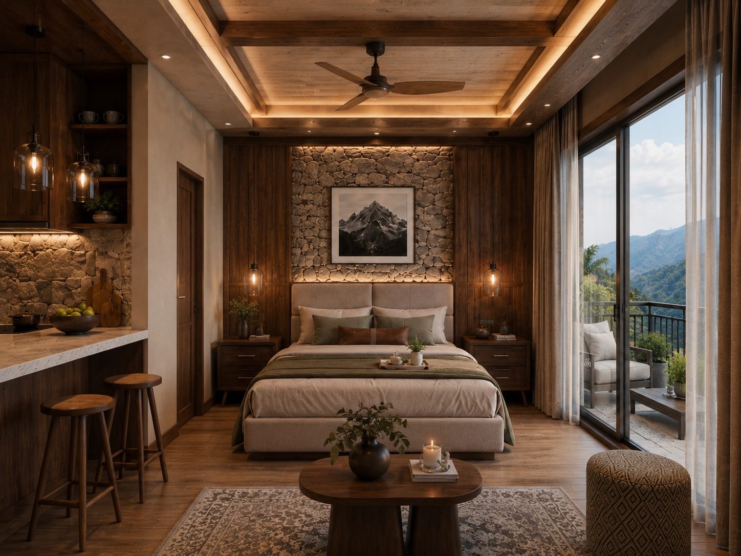 The bed and side table in the studio