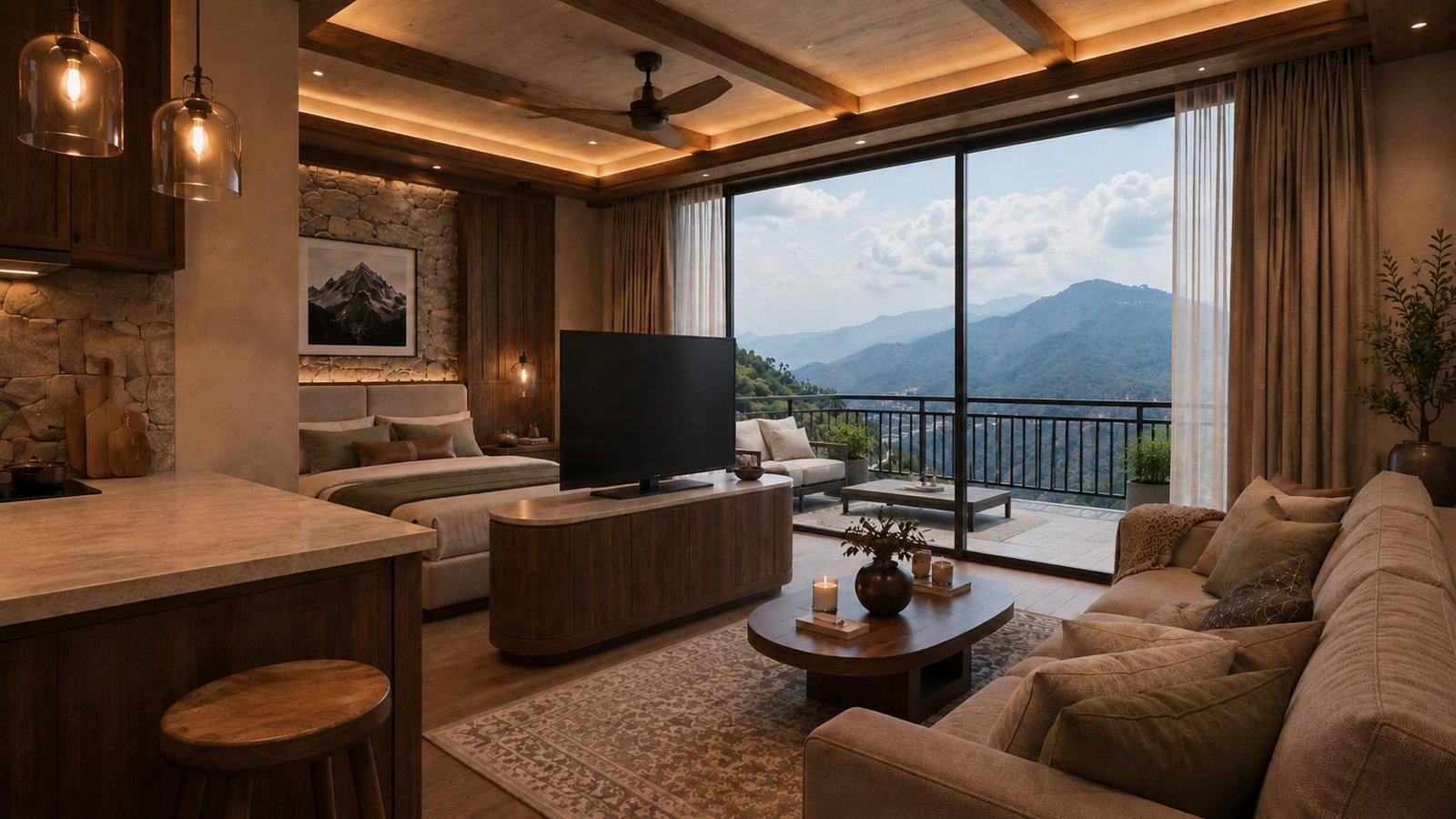 Furnished studio interior with seating and a made bed